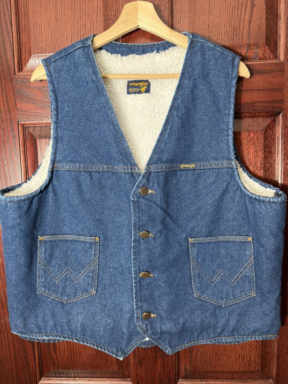 Vintage 80s Wrangler Denim Vest Mens XL? Blue Sherpa Western Cowboy Workwear USA